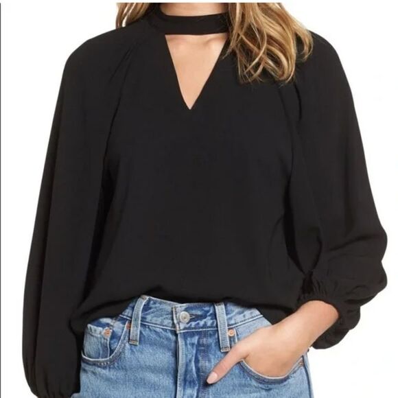 Leith Black Balloon Sleeve Choker Long Sleeve Blouse V-neck Popover Puffy Girly - Picture 1 of 11
